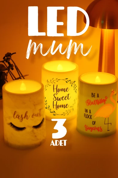 3lü Led Mum Kirpik Çelenk Flamingo Bardak Tipi Pilli Dumansız Alevli Dekoratif Yapay Mum Dekor Lamba - 2