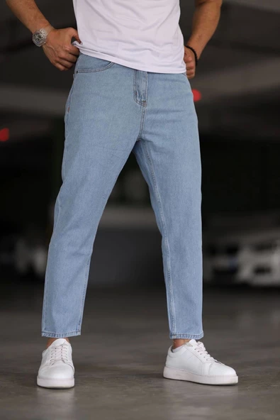 Erkek Boyfiend Düz Açık Mavi Kot Pantolon - Resim 2