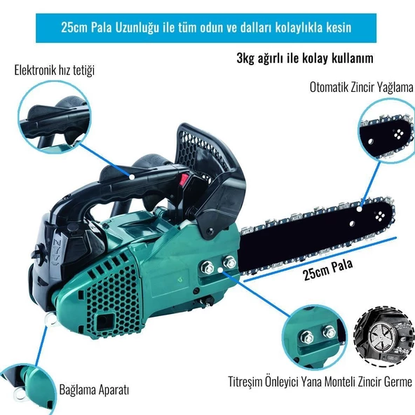 Prohummer 25cc Portatif Mini Benzinli Testere Ağaç Odun Dal Budama Ve Kesme Testeresi Ağaç Kesme Motoru PH217 - 2