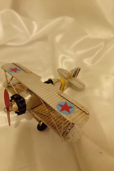 Metal Uçak Dekoratif Maket El Yapımı Oyuncak Teyyare Beyaz Nazar Boncuk Çift Kanat Kamikaze - Resim 2