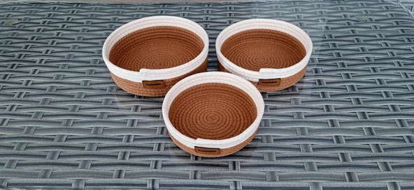 EV BANYO HASIR SEPET 3 ADET KAHVEKREM YUVARLAK JÜT KORDON HALAT İP ÖRME SEPET DEKORATİF DÜZENLEYİCİ ORGANİZER - 2