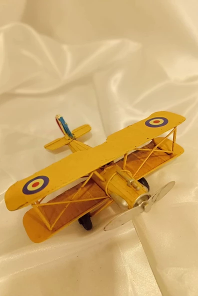Metal Uçak Dekoratif Maket El Yapımı Oyuncak Teyyare Sarı Nazar Boncuk Çift Kanat - Resim 4
