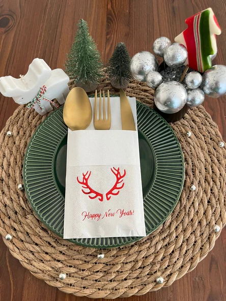 Kırmızı Yaldızlı Beyaz Cepli Aır Touch Happy New Year Geyik Boynuzu Peçete 12 Adet 40x40