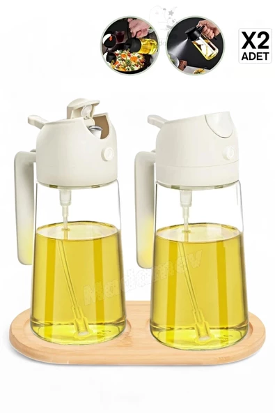 Madamev 2'li Bambu Stantlı Çift Fonksiyonlu Sprey Dökme Cam Yağdanlık 450ml Yağlık Sıvıyağ Şişesi Airfryer