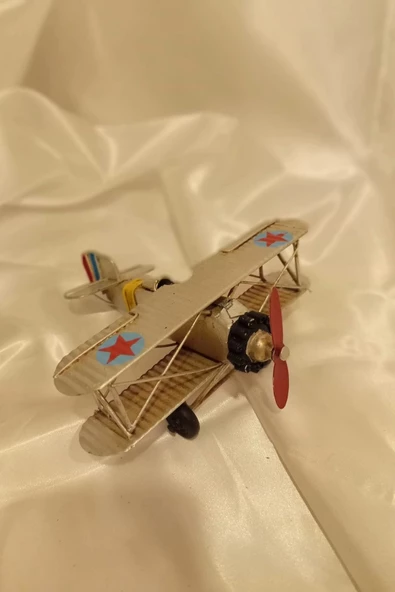 Metal Uçak Dekoratif Maket El Yapımı Oyuncak Teyyare Beyaz Nazar Boncuk Çift Kanat Kamikaze - Resim 3