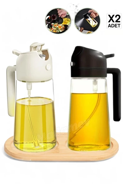 Madamev 2'li Bambu Stantlı Çift Fonksiyonlu Sprey Dökme Cam Yağdanlık 450ml Sıvıyağ Şişesi Airfryer Yağlık