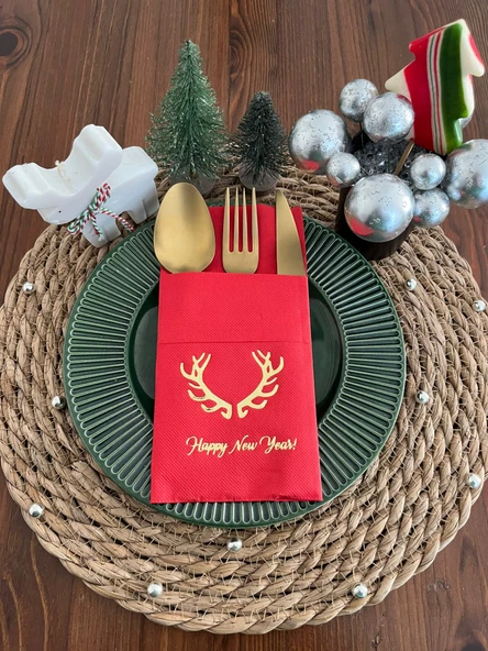 Gold Yaldızlı Kırmızı Cepli Aır Touch Happy New Year Geyik Boynuzu Peçete 12 Adet 40x40