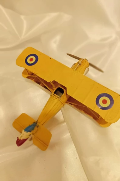 Metal Uçak Dekoratif Maket El Yapımı Oyuncak Teyyare Sarı Nazar Boncuk Çift Kanat - Resim 3