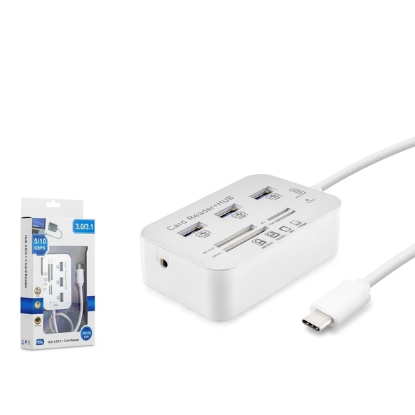 Hadron HDX7029 Type-C 3.1 - 3xUSB 3.0 Hub + MS/SD/M2/TF Kart Okuyuculu Type-C Çoklayıcı Dönüştürücü - Beyaz