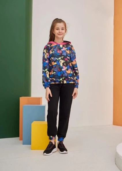 Kız Çocuk Baskılı Kapşonlu Takım - Resim 5