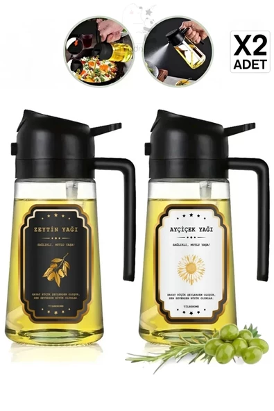 Tilbe Home 2 Adet Çift Fonksiyonlu Cam Sprey Yağdanlık 450ml Zeytinyağı Sıvıyağ Şişe Etiketli Airfryer Yağlık