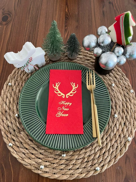 Gold Yaldızlı Kırmızı Happy New Year Küçük Geyik Boynuzu Peçete 16 lı ürün görseli 1