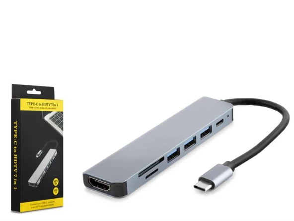 Hadron HDX7835 Type-C - 3xUSB 3.0 + Type-C + HDMI 4K 30Hz + Kart Okuyucu 7in1 Dönüştürücü Adaptör - Gri