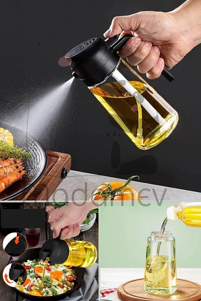 2 Adet Çift Fonksiyonlu Sprey Cam Yağdanlık 450ml Zeytinyağı Sıvıyağ Şişe Etiketli Airfryer Yağlık - 3
