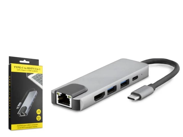 Hadron HDX7831 Type-C - 2xUSB 3.0 + Type-C + HDMI 4K 30Hz + 10/100 Ethernet Lan 5in1 Dönüştürücü Adaptör - Gri