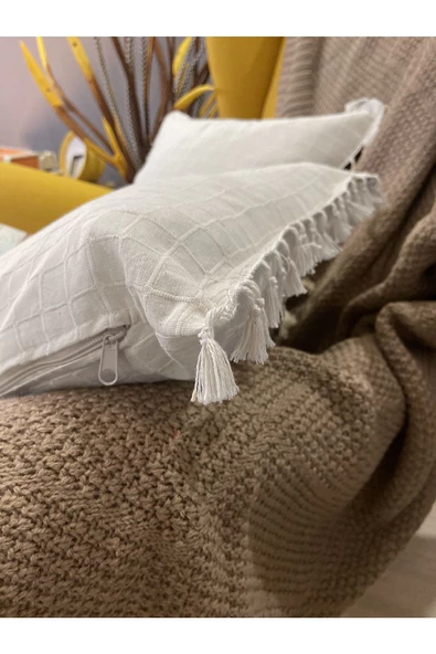 2'li Natural %100 Organik Pamuklu,Püsküllü Kare Kırlent Kılıfı Seti - 5
