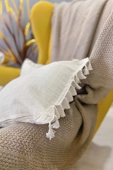 2'li Natural %100 Organik Pamuklu,Püsküllü Kare Kırlent Kılıfı Seti - 7