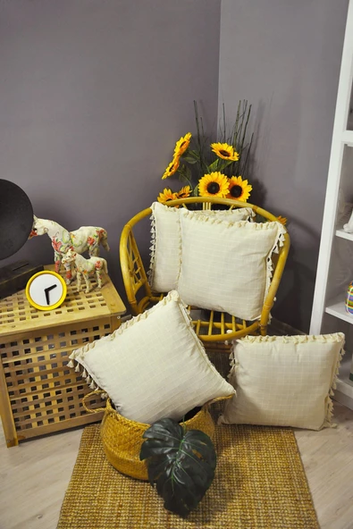 4 Adet Natural %100 Organik Pamuklu 4 Kenar Püsküllü Kare Kırlent Kılıfı Seti - Resim 3