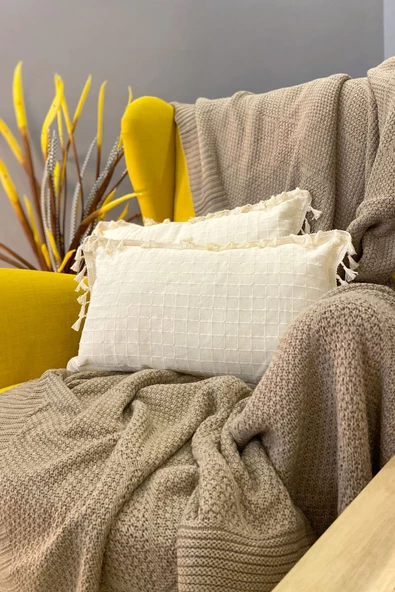 2 Adet Natural %100 Organik Pamuklu, Püsküllü, Dikdörtgen Kırlent Kılıfı Seti - 5