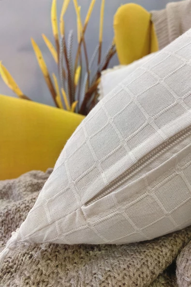 2'li Natural %100 Organik Pamuklu,Püsküllü Kare Kırlent Kılıfı Seti - 8