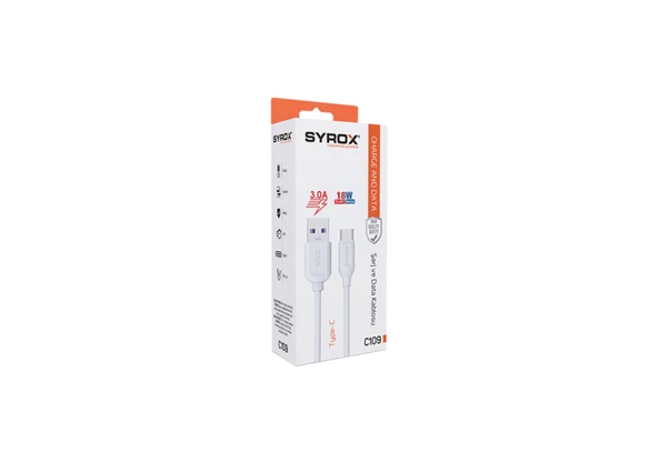 Syrox C109 3.0A 18W 1mt Type-C Eko Şarj & Data Kablosu - Beyaz - 2