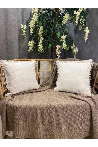 2'li Natural %100 Organik Pamuklu,Püsküllü Kare Kırlent Kılıfı Seti - 3