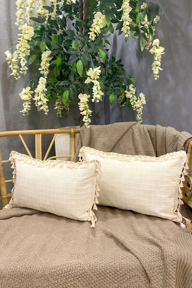 2 Adet Natural %100 Organik Pamuklu, Püsküllü, Dikdörtgen Kırlent Kılıfı Seti - 3