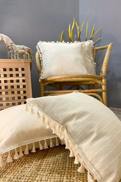 4 Adet Natural %100 Organik Pamuklu 4 Kenar Püsküllü Kare Kırlent Kılıfı Seti - Resim 2