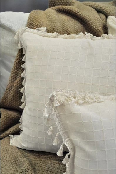 2'li Natural %100 Organik Pamuklu,Püsküllü Kare Kırlent Kılıfı Seti - 6