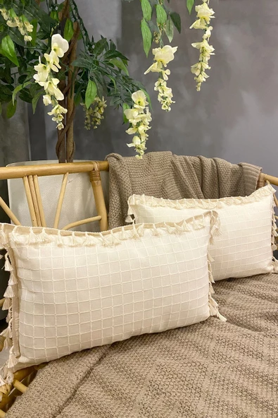 2 Adet Natural %100 Organik Pamuklu, Püsküllü, Dikdörtgen Kırlent Kılıfı Seti - 4