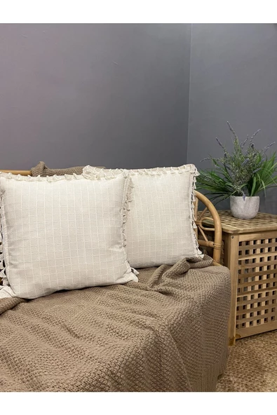 2'li Natural %100 Organik Pamuklu,Püsküllü Kare Kırlent Kılıfı Seti - 4