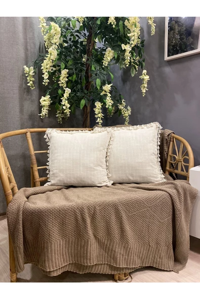2'li Natural %100 Organik Pamuklu,Püsküllü Kare Kırlent Kılıfı Seti