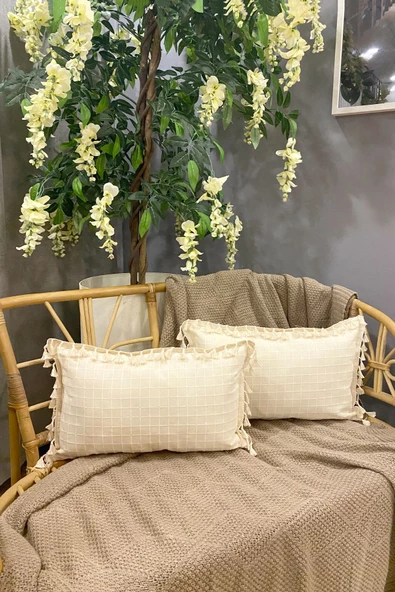 2 Adet Natural %100 Organik Pamuklu, Püsküllü, Dikdörtgen Kırlent Kılıfı Seti - 2