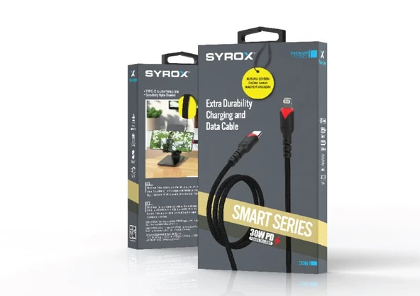 Syrox C130L 30W PD 1.10mt Örgülü Lightning Şarj & Data Kablosu - Siyah - 2