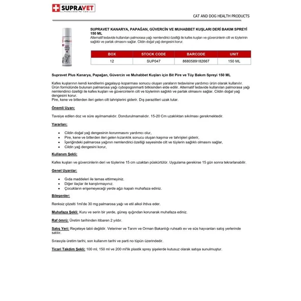 Supravet Kanarya Papağan Güvercin ve Muhabbet Kuşları Deri Bakım Spreyi 150 Ml - 2