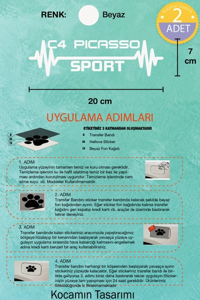 Citroen C4 Picasso Nabız Kalp Atışı Ritim C4 Picasso Araç Uyumlu Oto Sticker 2 Adet Beyaz 20*7CM - Resim 4