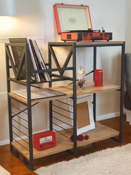 DEKORATİF PLAK STANDI METAL GÖVDELİ AHŞAP RAFLI PİLAK KÖŞESİ DRESUAR - 6