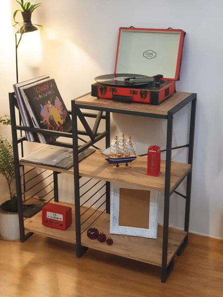 DEKORATİF PLAK STANDI METAL GÖVDELİ AHŞAP RAFLI PİLAK KÖŞESİ DRESUAR - 3