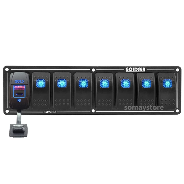 Goldsea 7 Anahtarlı Switch Panel Slim Model Usb 3.0 Type-C Soketli Mavi Işıklı 12-24V