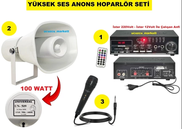 Anons Hoparlör Seti (100 Watt Hoparlör - Mikrofon - USB - SD Kart Girişli Mobil Amfi)