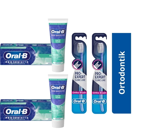 Oral-B Pro 3d White Hafif Nane Diş Macunu 75 Ml + Oral-B Pro-Expert Clinic Line Ortodontik 35 Yumuşak Diş Fırçası 2+2 Adet