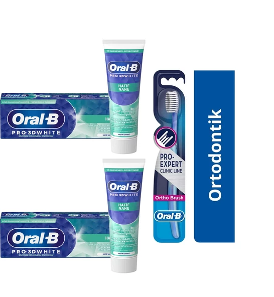 Oral-B Pro 3d White Hafif Nane Diş Macunu 75 Ml + Oral-B Pro-Expert Clinic Line Ortodontik 35 Yumuşak Diş Fırçası 2+1 Adet
