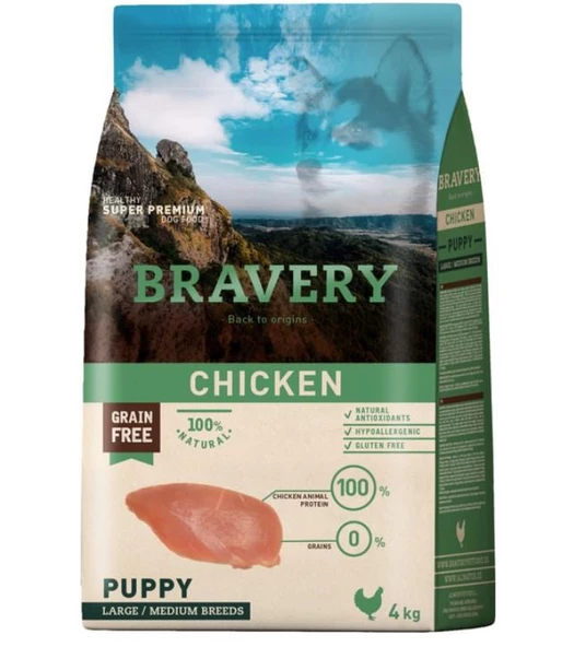 Bravery Tavuklu Orta Ve Büyük Irk Tahılsız Yavru Köpek Maması 4 Kg