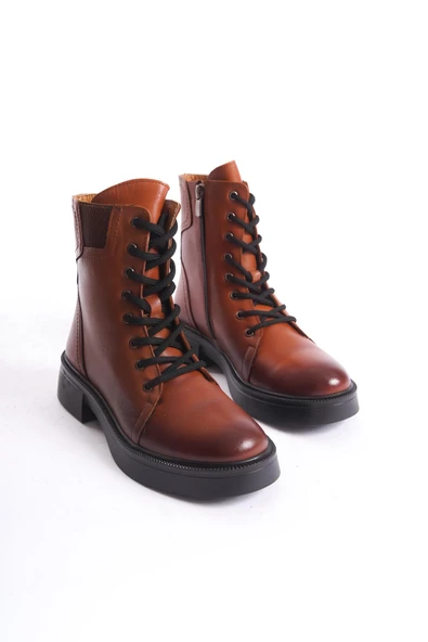 Kadın Hakiki Deri Kalın Taban Yanı Lastik Detaylı Fermuarlı Bağcıklı Günlük Kısa Bot - Resim 4