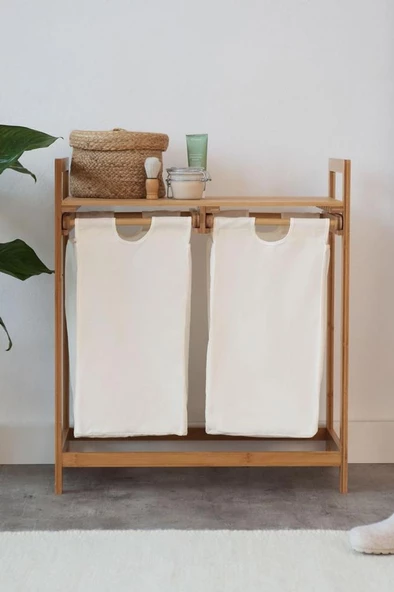 Digithome Bambu 2 Bölmeli Kirli Sepetli Çamaşır Sepeti Raflı Banyo Düzenleyici DB-0007 - 3