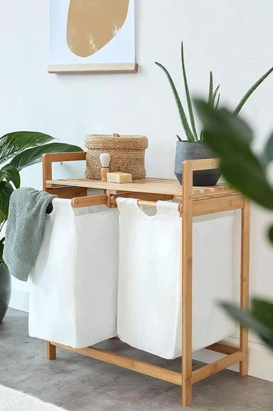 Digithome Bambu 2 Bölmeli Kirli Sepetli Çamaşır Sepeti Raflı Banyo Düzenleyici DB-0007 - 2