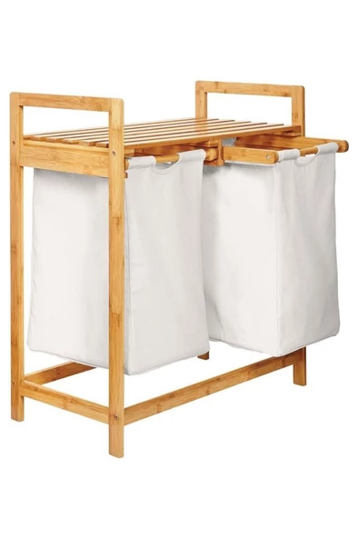 Digithome Bambu 2 Bölmeli Kirli Sepetli Çamaşır Sepeti Raflı Banyo Düzenleyici DB-0007 - 6