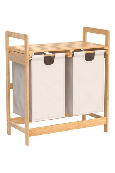 Digithome Bambu 2 Bölmeli Kirli Sepetli Çamaşır Sepeti Raflı Banyo Düzenleyici DB-0007 - 5