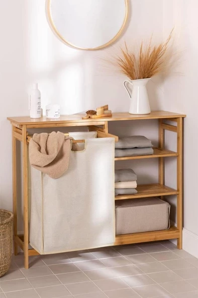 Digithome Bambu 3 Raflı 1 Bölmeli Kirli Sepetli Banyo Düzenleyici Çamaşır Sepeti Organizer DB-0008 - 2