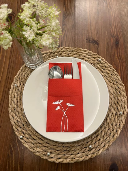 Gümüş Yaldızlı Kırmızı Cepli Havuç Çiçeği Peçete 12 Adet 40x40 ürün görseli 1